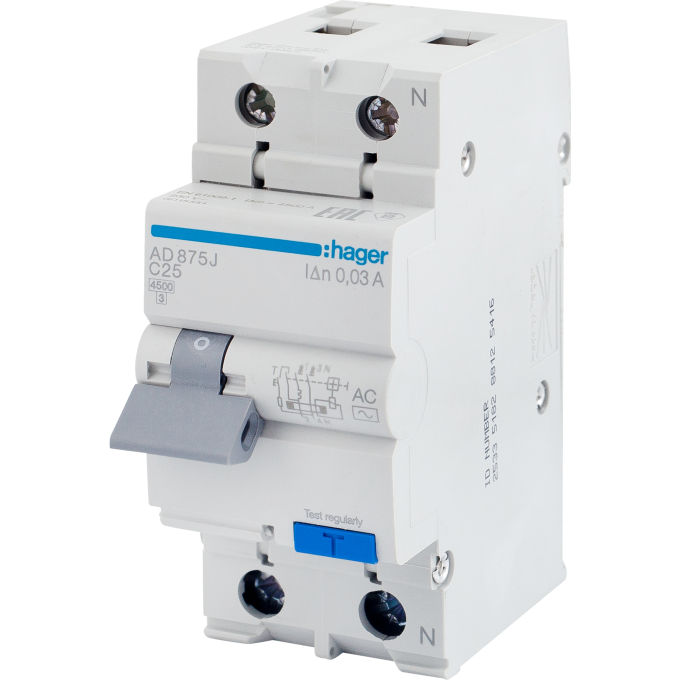 Дифференциальный автомат HAGER 1P+N 4,5kA C-25A 30mA AC AD875J